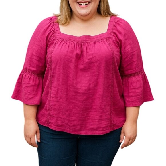 Time & Tru Fuchsia Top Size XXL (20) Square Neck Blouse Ruffled 3/4 Sleeves - Picture 1 of 8